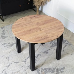 Zestaw Stół Okrągły Rozkładany HARRY 102-142 cm Dąb Craft/Czarny i 6 Krzeseł Tapicerowanych ROBIN 2 Czarnych Nowoczesnych