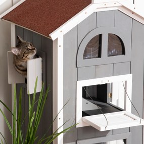 Pawhut® domek budka dla kota 2-piętrowa willa dach asfaltowy lite drewno szary 59 x 55 x 109 cm