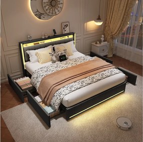 Łóżko podwójne 140x190 cm szare z 4 szufladami, oświetlenie LED RGB, zagłówek USB, nowoczesny design lniany