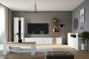 Stojący stolik RTV Lewisville 141 z 3 szafkami i 2 szufladami, Secret Grey/dąb Valencia
