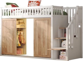 Łóżko piętrowe dla dzieci - 90 x 200 cm - z szafą i szafką schodową + kolorowa listwa świetlna - drewno - biały + naturalny