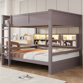 Łóżko piętrowe dla dzieci - 2 x 160 x 200 cm - z półkami + diody LED - MDF - brązowe