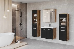 Meble łazienkowe z LED, zestaw wiszący do łazienki z umywalką, 2 słupkami i szafką lustrzaną, korpus dąb wotan, fronty czarny połysk