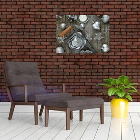 Obraz - srebrne ozdoby świąteczne (70x50 cm)