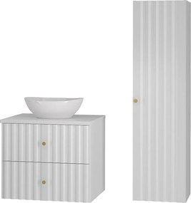 Biały Zestaw Łazienkowy 60cm Szafka z Blatem Umywalka Słupek Ryflowane Fronty Aqua