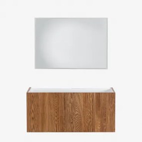 Zestaw Mebli Łazienkowych Z Drewna Z Wbudowaną Umywalką Fiore Ciemna Czerń & Prostokątna Lampa Led I Przeciwmgielna 100x70 Cm Riben & Bez Kranu -