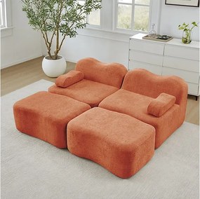 Canapé 2 places d'angle modulable en velours, avec 2 pouf, 192x167x70cm, Orange