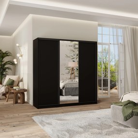 Szafa Przesuwna TARI 180 cm z Lustrem Szafa Trzydrzwiowa z Szufladami Czarna / Czarne Profile