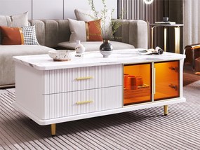 Stolik kawowy w stylu skandynawskim - 2 szuflady i 2 drzwi - wbudowane LED - okleina w wzór marmuru - Biały