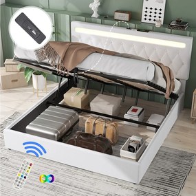 Łóżko ze schowkiem 180x200 cm - Biały len - łóżko dwuosobowe z oświetleniem LED i ładowaniem przez USB - bez podstawy