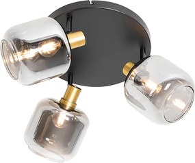 Plafon z reflektorami czarny ze złotem i dymionym szkłem 3-światła - Zuzanna