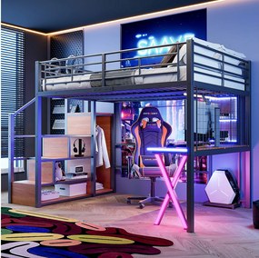 Łóżko antresola 140 x 200 cm z biurkiem, szafą, półkami - Oświetlenie ambientowe - Metal - Czarne (bez materaca)