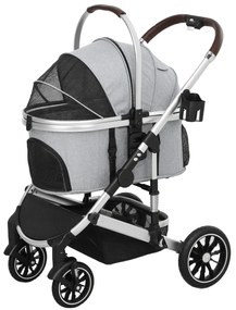 PawHut Wózek dla zwierząt 3 w 1 Składany buggy dla kotów do 10 kg z poduszką i uchwytem na kubek - Jasnoszary