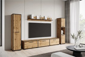 Nowoczesna meblościanka – zestaw wisząco-stojący, szafka RTV 180 cm, 2 słupki, półka, dąb wotan, krawędź czarny mat