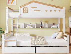 Łóżko piętrowe drewniane 90x200cm + 140x200cm - z drabiną i 2 szufladami - Białe i Naturalne