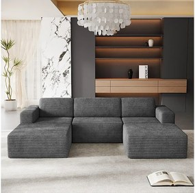 Modułowa Sofa Narożna 3-osobowa w Welurze Żebrowanym, z 2 pufami i 3 poduszkami, 303x202x82cm, Szary