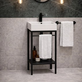 Zestaw umywalka z konglomeratu NAVI 70 x 45 cm + stojąca konsola NAVI Step | Różne kolory | Różne rozmiary : Kolor - Czarny, Otwory na baterię - Bez otworów, Rozmiar - 50 x 45 cm