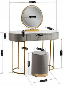 Toaletka z Lustrem ASHLEY z Oświetleniem LED i Pufą Szara/Złota Kosmetyczna Nowoczesna Glamour