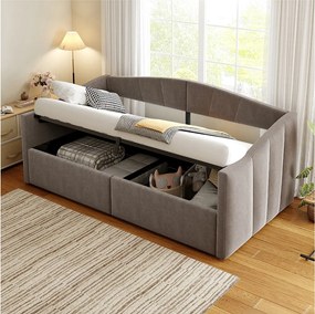Tapicerowana sofa z funkcją spania - 90 x 200 cm - z hydraulicznym schowkiem + podłokietnikami - aksamit + metal + sklejka + MDF - szary