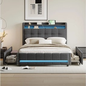 Łóżko tapicerowane 140 x 200 cm z wezgłowiem i 4 szufladami - LED + port USB - Tkanina lniana - Szare (bez materaca)