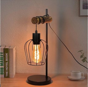 NETTLIFE Retro lampa stołowa 1 płomień vintage lampka nocna z metalu i drewna - czarna - gniazdo: E27 - włącznik w zestawie - żarówki nie są wliczone w cenę