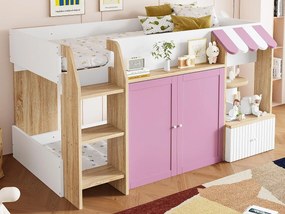 Łóżko dziecięce 90x200 cm - 4 drzwi - Z drabinką - ​​Biały + Różowy​​ (materac nie jest dołączony)