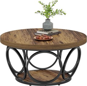Okrągły stolik kawowy, 80 cm, Farmhouse Duży okrągły stolik do salonu z 2-poziomową przestrzenią do przechowywania