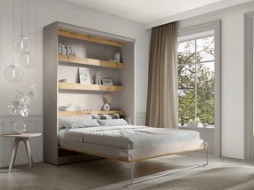 Łóżko chowane w szafie 160 x 200 cm - Ręczne otwieranie pionowe - Z diodami LED – Beżowy i naturalny + Materac - RAPILI