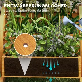 Outsunny Podwyższane grządki z drewna, skrzynki na kwiaty z 3 poziomami, grządka warzywna z dekoracją w kształcie koła wozu, grządka ziołowa z otworami odpływowymi do ogrodu, balkonu, teaku, 61 x 62 x 57 cm