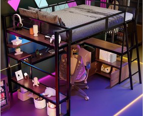 Łóżko na antresoli z metalu 140x200 cm - z oświetleniem LED - z biurkiem i półką do przechowywania - z portem USB - Czarny (materac nie jest wliczony w cenę)