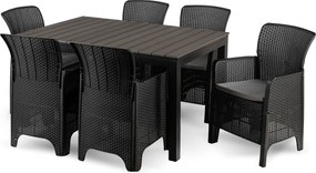 Zestaw Mebli Ogrodowych Stół ARGOS 140-180 cm Ciemnoszary Dąb/Czarny i 6x Fotel FRESNO Czarny Technorattan Nowoczesny