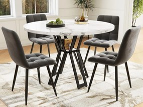 Okrągły stół z 4 krzesłami - Blat MDF, metalowa konstrukcja i aksamitne poduszki - Biały&Czarny