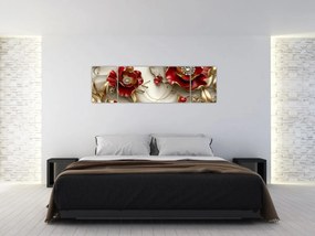 Obraz - 3D czerwono-złote kwiaty (170x50 cm)