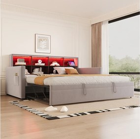 Sofa tapicerowana z funkcją spania - 90 x 190 cm - z wysuwanym łóżkiem 90 x 190 cm + zagłówek ze schowkiem + oświetlenie LED - welur - jasnoszary