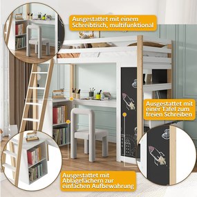 Łóżko piętrowe 90 x 200 cm z biurkiem narożnym, 6 szufladami i półką - Drewno lite + MDF - Biały + naturalny (bez materaca)