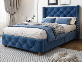 Łóżko 90x200cm tapicerowane welurem - z stelażem na listwach - Niebieskie
