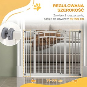 PawHut Bramka schodowa dla psów, z automatycznym zamykaniem, jednoręczne otwieranie, 100 cm x 4 cm x 76 cm, Biały