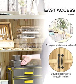 Outsunny Szafka Ogrodowa, Szafka na Narzędzia do Zewnętrznego Użytku, z Powierzchnią Pracy, Drewno i Stal Nierdzewna, Podwójne Drzwi, Drewno Naturalne