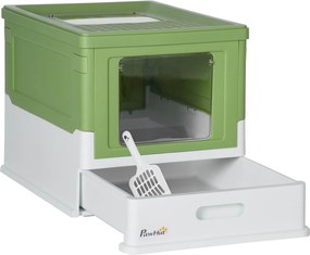 PawHut Kuweta dla Kota, Składana, z 2 Drzwiami i Łopatką, 47,5x35,5x36,7cm, Biały/Zielony