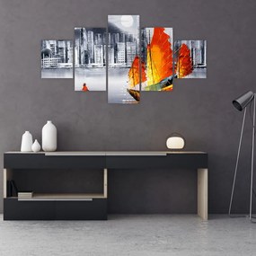 Obraz - Victoria Harbor, Hongkong, czarno-biały obraz olejny (125x70 cm)