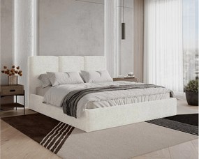 Łóżko tapicerowane 140x200 Mira boucle – łóżko z pojemnikiem na pościel i stelażem drewnianym, nowoczesne łóżko do sypialni, tkanina boucle – Kremowy