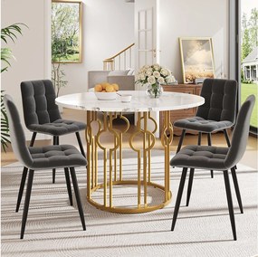 Zestaw 5 stołów i krzeseł do jadalni - 100 x 100 x 76 cm - blat stołu MDF + 4 krzesła welurowe - MDF + Metal - biały