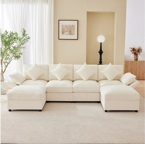 Zestaw wypoczynkowy 6-osobowy - 284 x 156,5 x 86 cm - z 2 pufami + regulowanymi podłokietnikami + 4 poduszkami + 2 zagłówkami - aksamit - beż