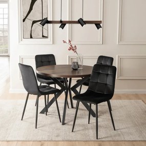 Zestaw Stół Okrągły Rozkładany LUKAS 100-250 cm Orzech/Czarny i 4 Krzesła Tapicerowane PERU Czarne Welurowe