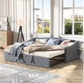 Łóżko wysuwane 90/180x200 cm - łóżko rozkładane z stelażem z listew - w tkaninie aksamitnej - Szare