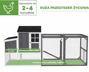 PawHut Kurnik z wybiegiem dla 3-4 kur, 3-częściowe gniazdo, 1,9 m² powierzchni, drewno jodłowe, szary