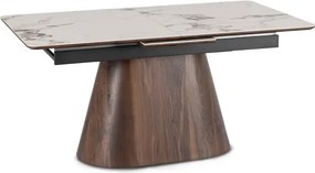 Stół Rozkładany Prostokątny LIZBONA 160-200 cm Ceramiczny Biały Marmur/Orzech Japandi