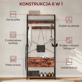 HOMCOM Garderoba z półką na buty, stojak na płaszcze z siedziskiem, 10 haczyków, 2 materiałowe szuflady, drążek, płyta wiórowa, metal, brązowy
