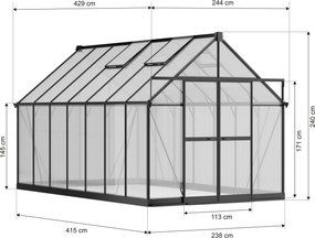 Szklarnia 240 x 244 x 429 cm, wzmocniona konstrukcja, poliwęglan 6 mm