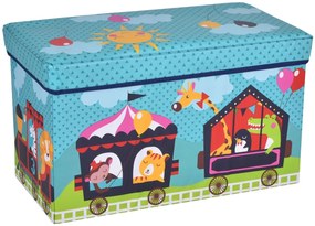 Niebieska składana pufa dziecięca ze schowkiem pociąg M8-P44